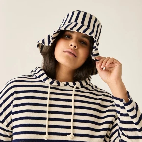 Love & Lore Terry Indigo Navy Blue & Off White Striped Bucket  Hat - Picture 9 of 9